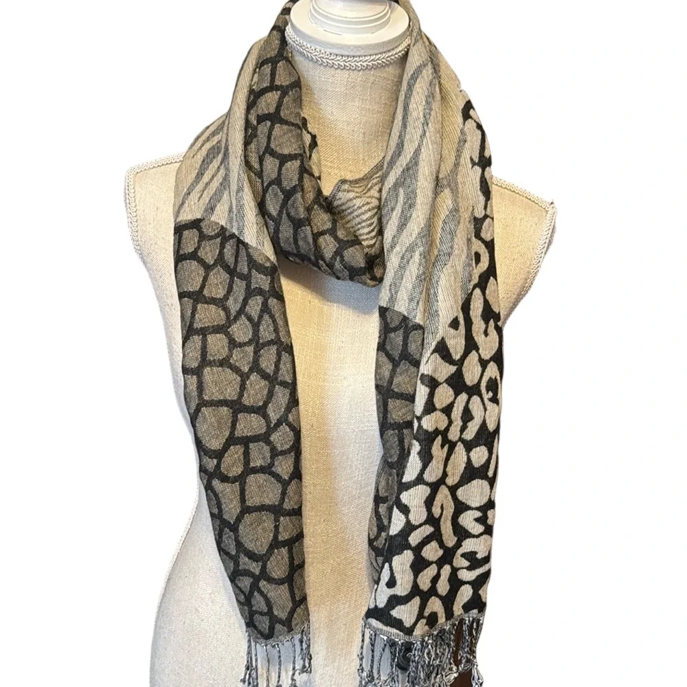 Mixed Animal Print Scarf Wrap With Fringe